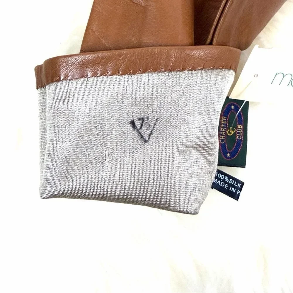 NWT Charter Club Leather Gloves Light Brown with Silk Lining Women's 7,5 Vintage